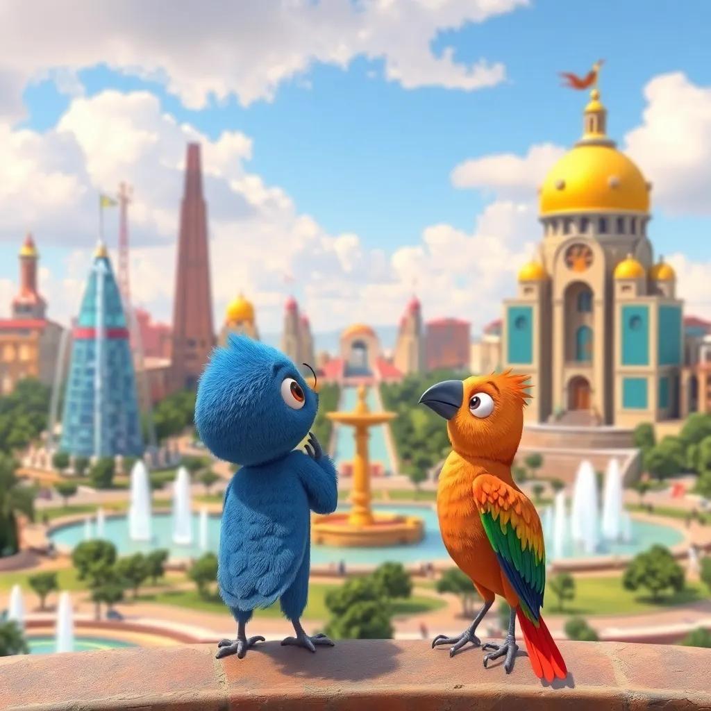 Azulito observing the unique buildings and fountains in Brasília, with a fellow bird named Laranja, showcasing a vibrant cityscape, colorful, detailed
