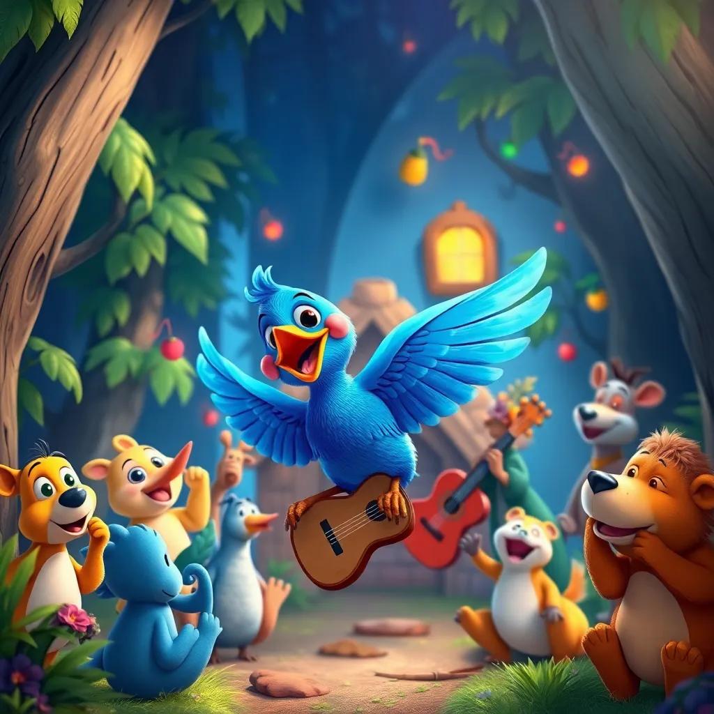 A blue bird named Azulito returning to his forest home surrounded by other animals, all celebrating with music and friendship, heartwarming, colorful
