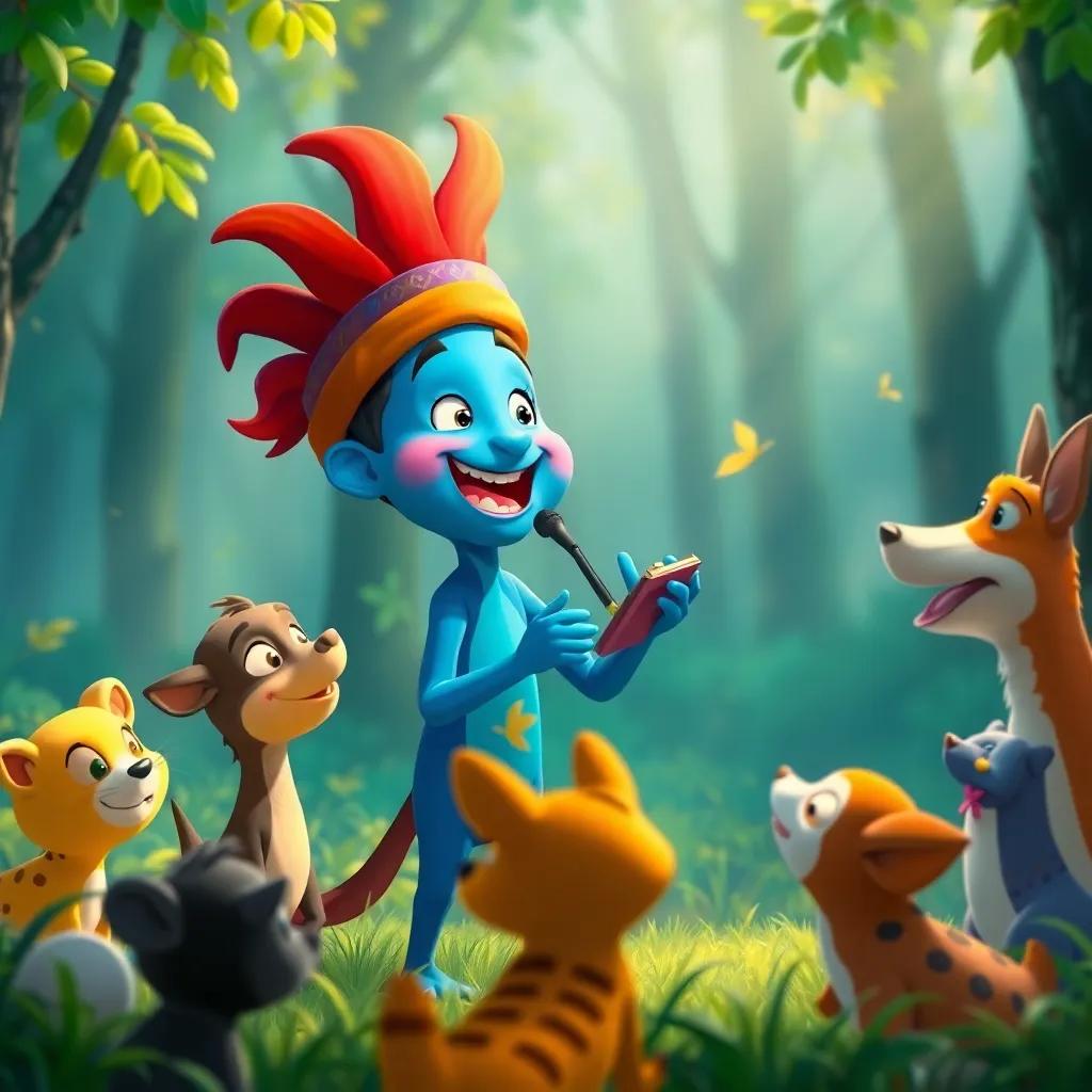 Azulito singing a joyful song about his adventures in the forest, with animals gathered around him, creating a magical moment, cheerful atmosphere, full of life