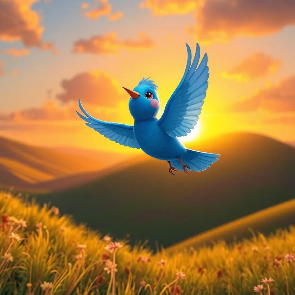 A blue bird named Azulito flying happily into the sunset, symbolizing friendship and adventure, beautiful landscape, warm colors, inspiring scene