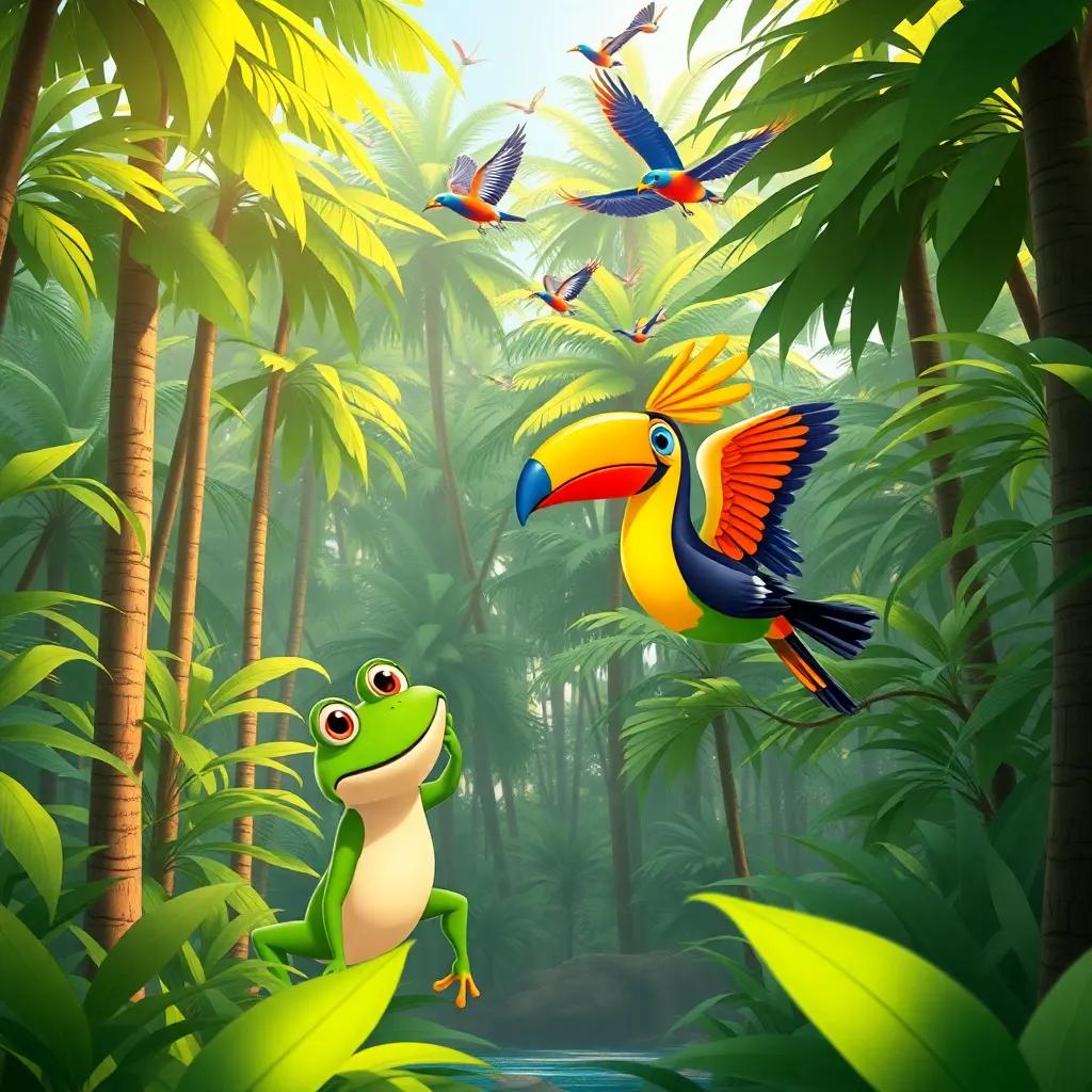 A lush tropical forest with tall green trees and colorful birds flying, Tareco the frog happily meeting Tico the toucan, who has bright feathers, illustration, cheerful, warm light, adventure-themed