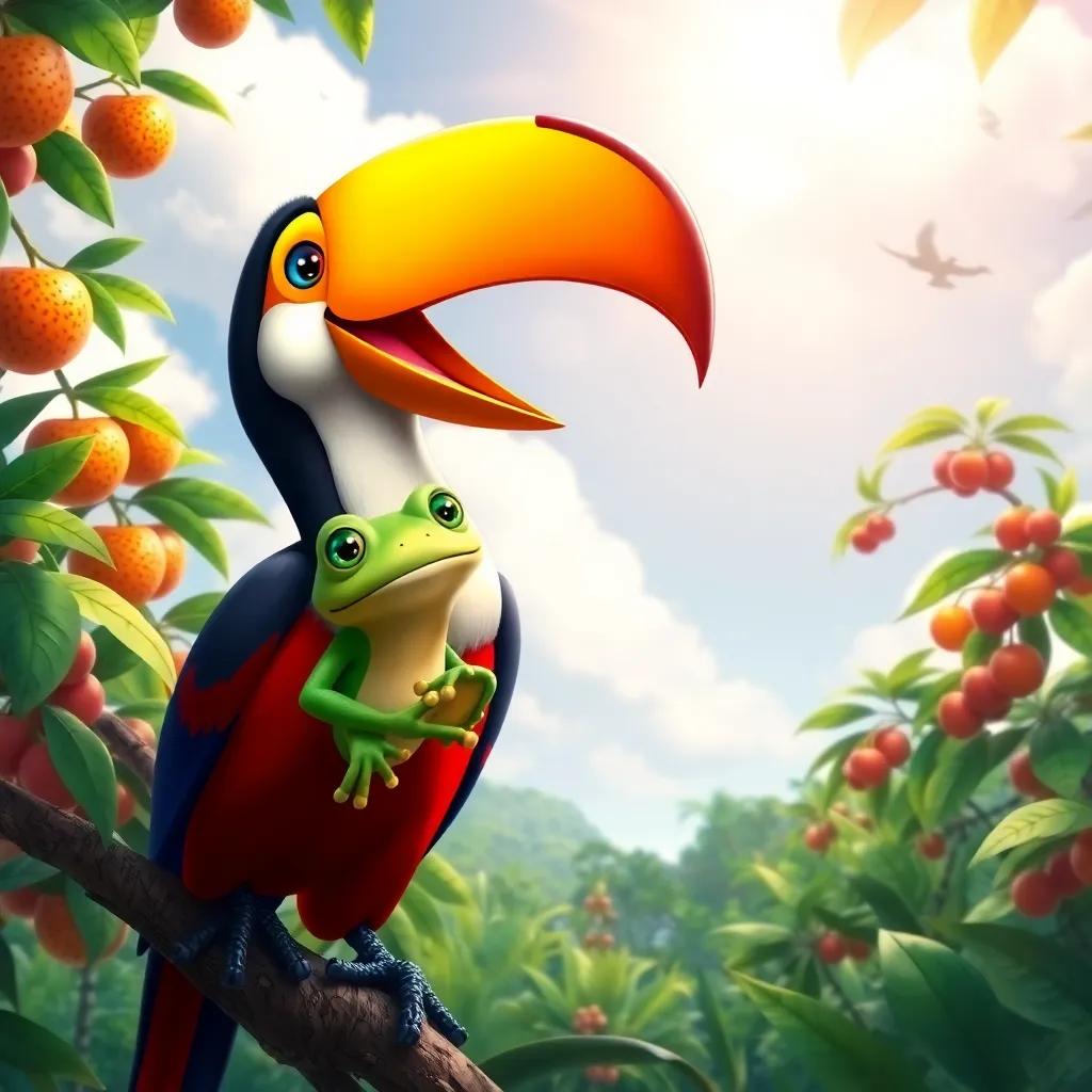 Tico the toucan, colorful and friendly, showing Tareco the frog the way, with fruits hanging on the trees and bright clouds in the sky, vibrant, lush scenery, high quality