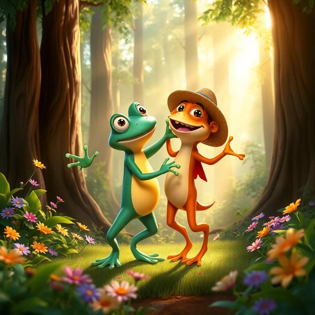 Tareco the frog and Tico dancing together in the forest, surrounded by flowers and bright sunlight streaming through the trees, joyful scene, detailed, colorful, playful vibe