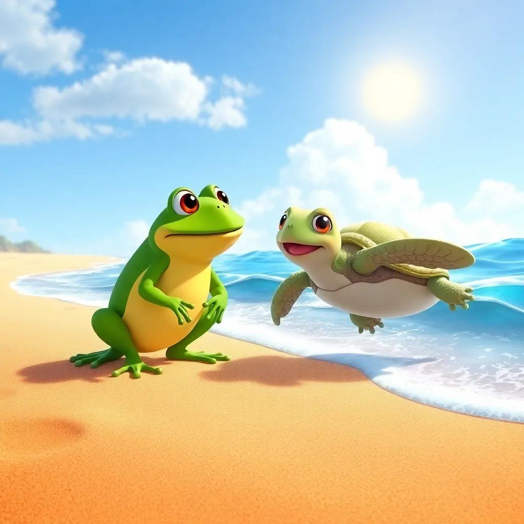 A sunny beach with warm sand and dancing waves, Tareco the frog meeting Tula the turtle, who's swimming playfully near the shore, beach illustration, bright, fun atmosphere, high detail