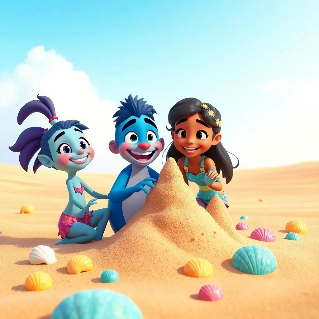 Tareco and Tula building a sandcastle together, with bright seashells and a clear blue sky in the background, joyful scene, colorful, lively tones