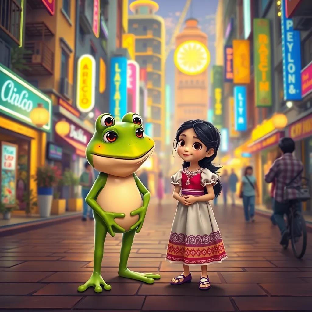 A bustling city full of bright lights and happy people, Tareco the frog meeting a kind girl named Lúcia, who is wearing a traditional dress, colorful urban landscape, inviting and friendly