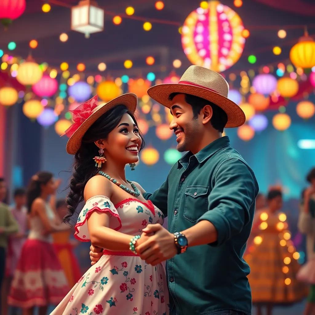 Tareco and Lúcia dancing together at a lively festival, decorated with colorful lights and cheerful music, capturing a vibrant cultural atmosphere, high detail