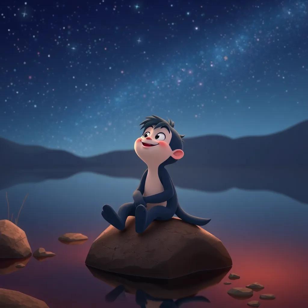 Tareco sitting on a rock at the edge of the pond, looking up at the twinkling stars with a satisfied smile, feeling content with his adventures, peaceful night scene, warm colors, high quality