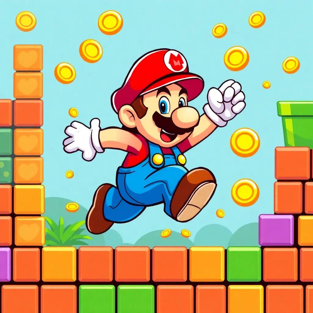 Mario, the brave plumber in his red hat and blue overalls, jumping over colorful bricks and collecting shining coins, in a fun level full of surprises, dynamic action, bright and playful colours, cheerful and energetic vibe, high quality