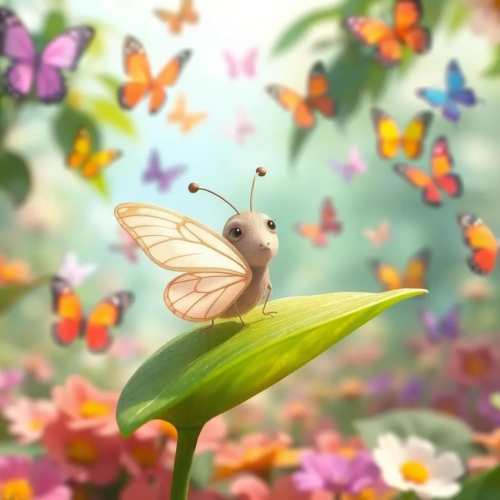 A small butterfly with simple white wings, sitting on a green leaf feeling sad, surrounded by colorful butterflies dancing, bright garden background, cheerful atmosphere, digital art, vibrant colors, high quality