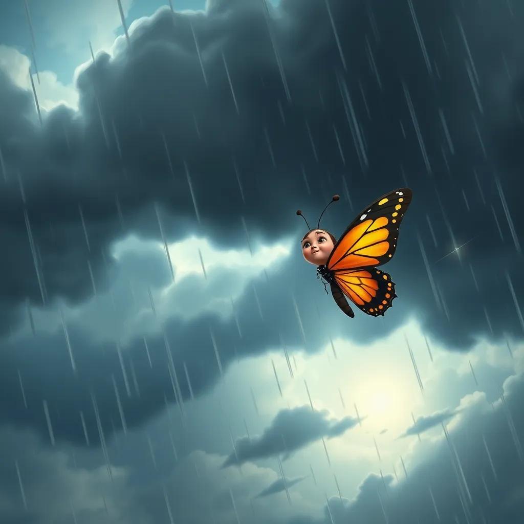 The small butterfly exploring the world, flying high into a strong storm with dark clouds and raindrops, determined expression on her face, digital painting, dramatic sky, sense of adventure, high quality