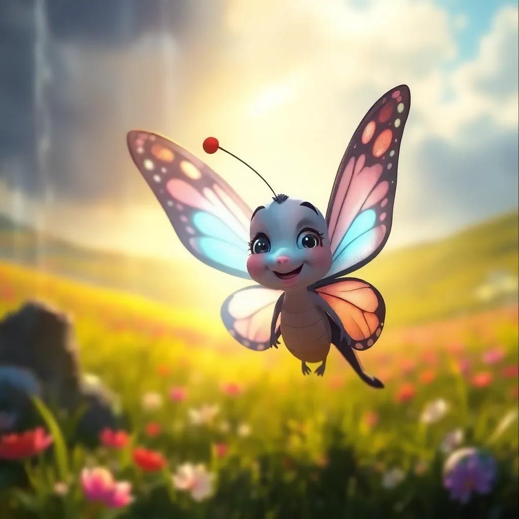 The small butterfly after the storm, with a light blue spot appearing on her wings, smiling in the sunlight, revealing a colorful landscape behind her, digital illustration, joyful atmosphere, bright colors, high quality