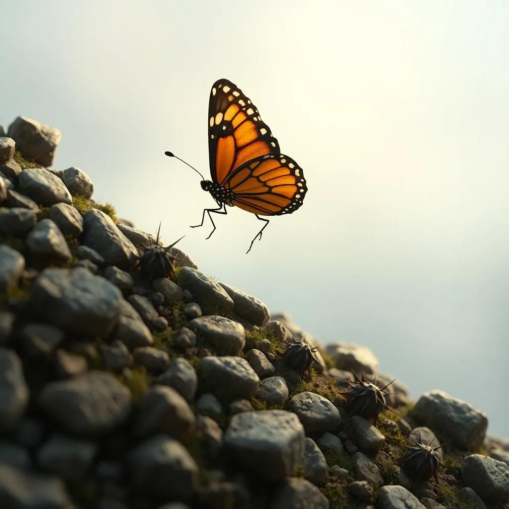 The small butterfly struggling to fly up a steep hill covered in stones and thorns, looking tired but determined, capturing the moment of perseverance, digital art, thoughtful ambiance, natural colors, high quality