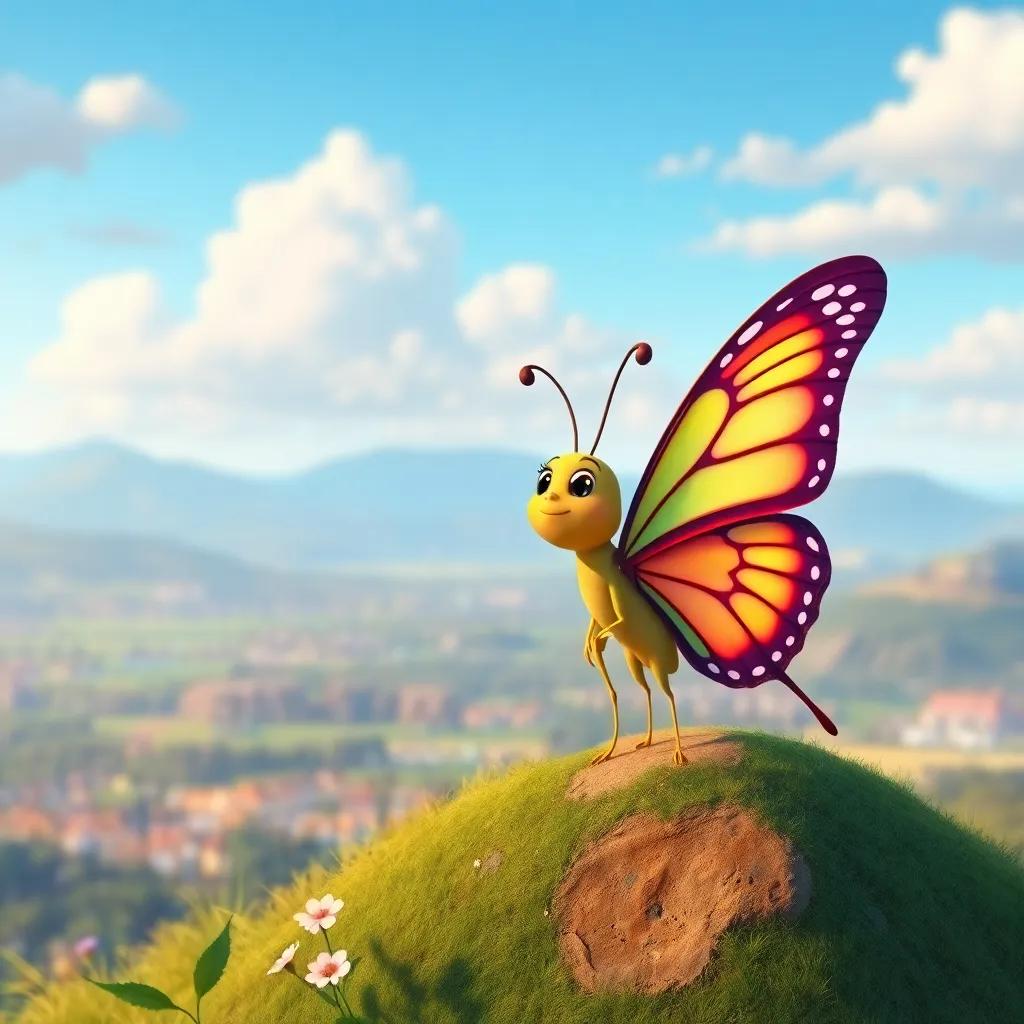 The small butterfly at the hilltop looking proud and happy, with her wings now displaying a bright green color, overlooking a beautiful view, digital illustration, inspiring scene, vibrant colors, high quality