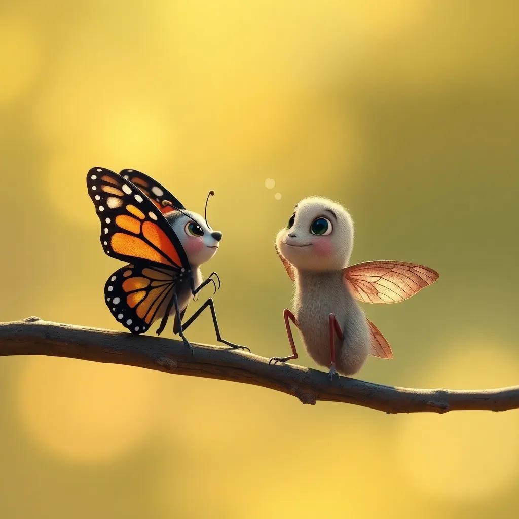 The small butterfly meeting a lonely moth, both sitting on a branch talking and smiling, exchanging emotions, warm light, friendly atmosphere, digital art, high quality