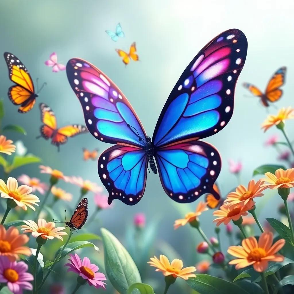 The small butterfly returning to the garden with her wings full of colors, other butterflies looking in awe, bright flowers blooming around, digital illustration, joyful reunion, high quality