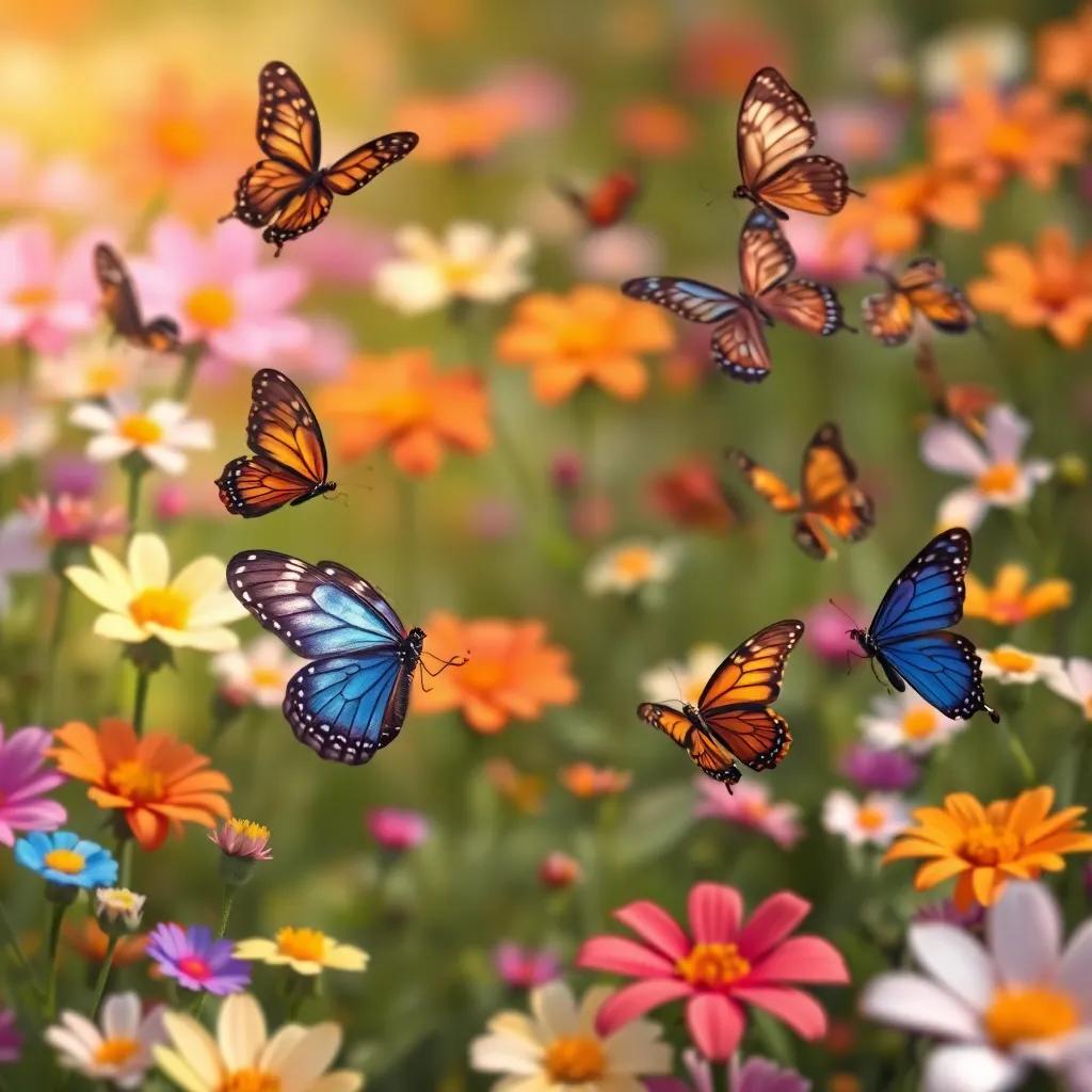 The small butterfly sharing her story with other butterflies, explaining the meaning of her beautiful wings, a colorful background filled with flowers, inspiring vibe, digital art, high quality