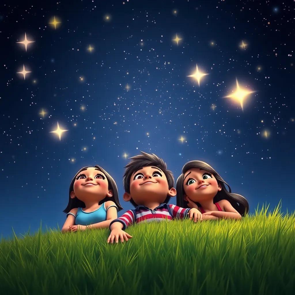 A dark sky filled with sparkling stars, three friends Joana, Miguel, and Lara lying on a grassy hill, looking up with excitement, digital art, bright night sky, vibrant colors, inviting atmosphere, close-up view, high quality