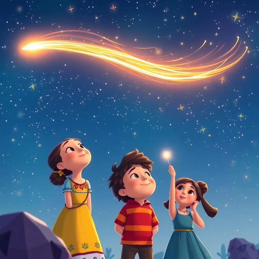 The moment a meteor streaks across the sky, Joana, Miguel, and Lara closing their eyes and making wishes, surrounded by twinkling stars, illustration, vibrant and cheerful, magical scene, child-friendly