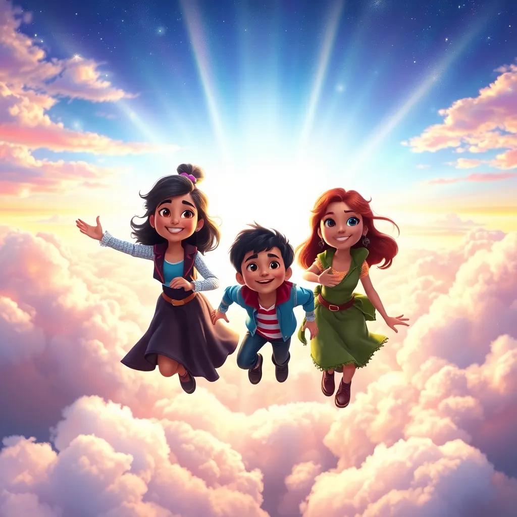 A sudden wave of light surrounds Joana, Miguel, and Lara as they find themselves flying in the clouds, with a surreal background of colorful skies and shimmering stars, digital painting, imaginative, lively, fantasy setting