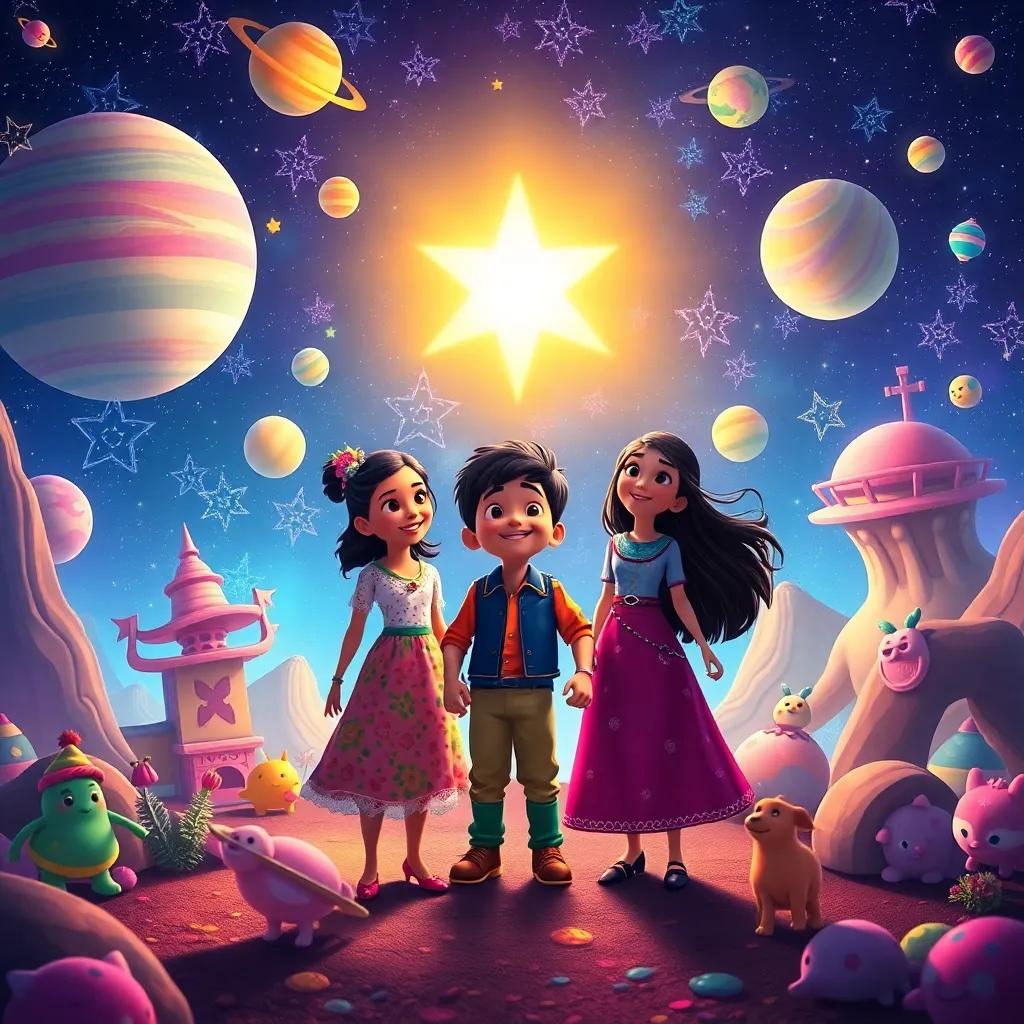 A bright star guiding Joana, Miguel, and Lara through a magical galaxy, with colorful planets and whimsical creatures, cheerful atmosphere, vibrant colors, storytelling vibe, enchanting