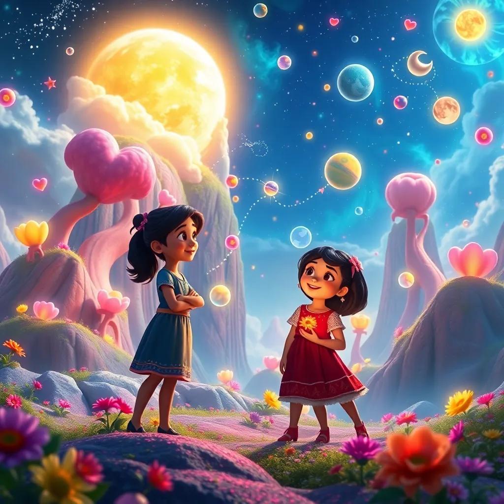 A dream planet filled with colorful dreams taking shape, where Joana, Miguel, and Lara see their wishes manifesting, surrounded by stunning visuals of joy and wonder, digital art, colorful, heartwarming