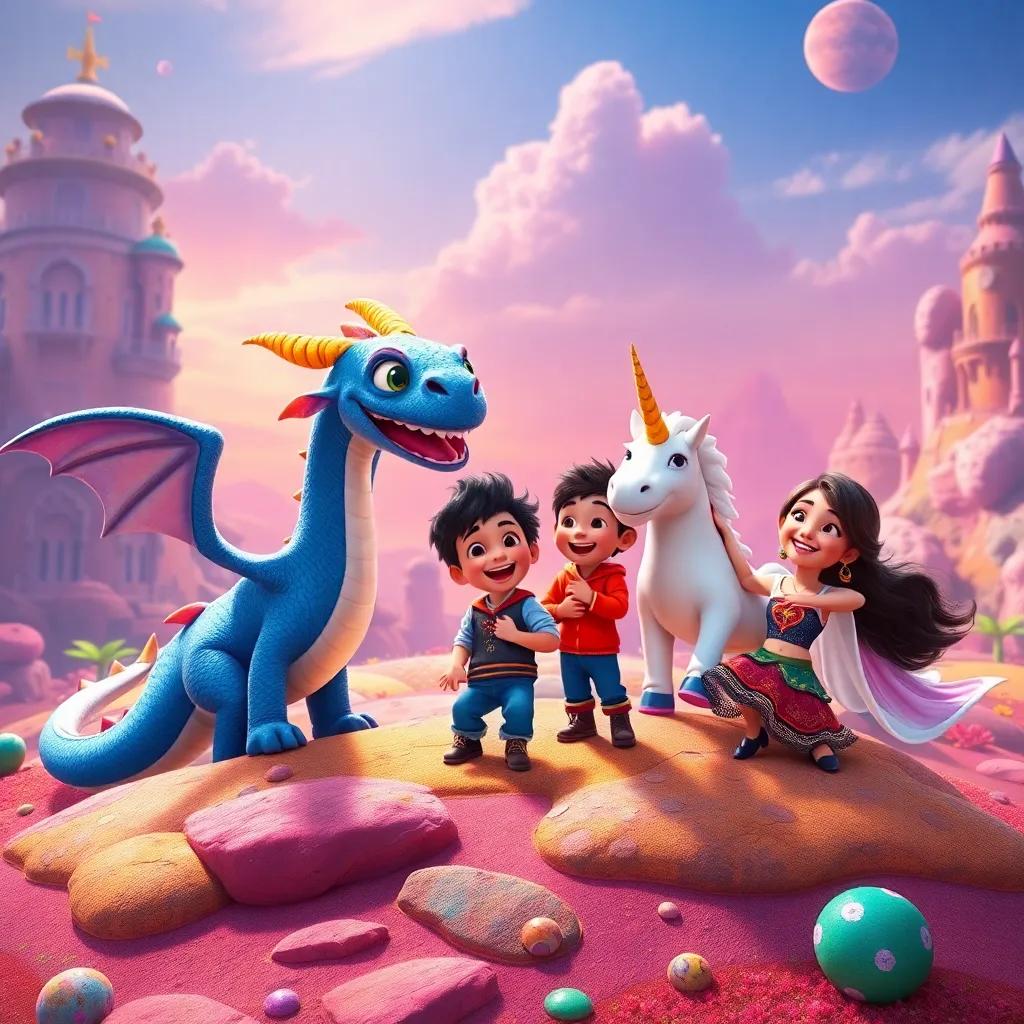 A blue dragon and a unicorn playing with Joana, Miguel, and Lara on a colorful planet, showcasing laughter and magical friendship, joyful scenery, bright and cheerful colors, captivating