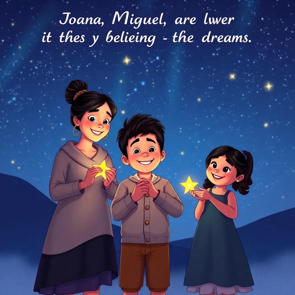 Joana, Miguel, and Lara holding pieces of star light, smiling and promising to always believe in their dreams, set against a beautiful night sky, illustration, warm and hopeful, heartwarming scene