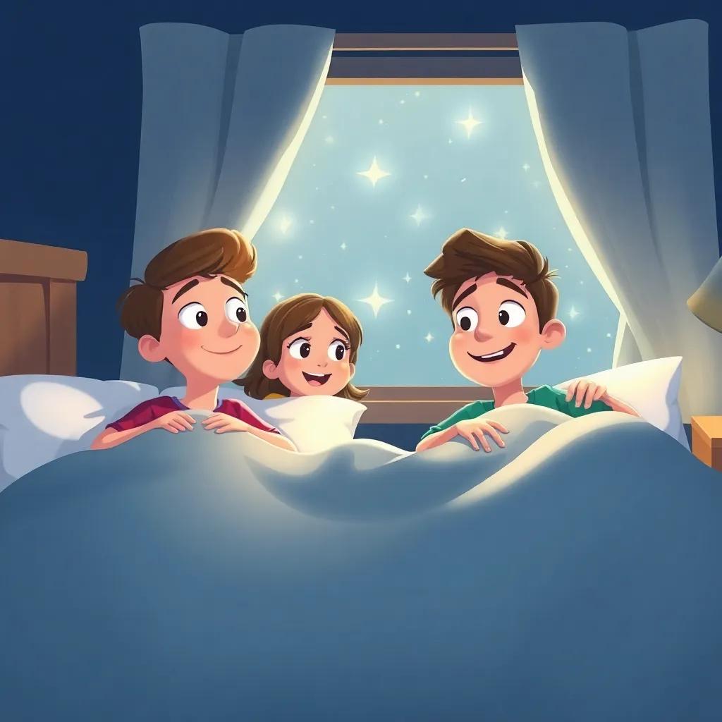The friends waking up in their beds, looking a bit surprised yet happy, as they glance out the window at the twinkling stars, digital art, cozy atmosphere, bright starry night, cheerful