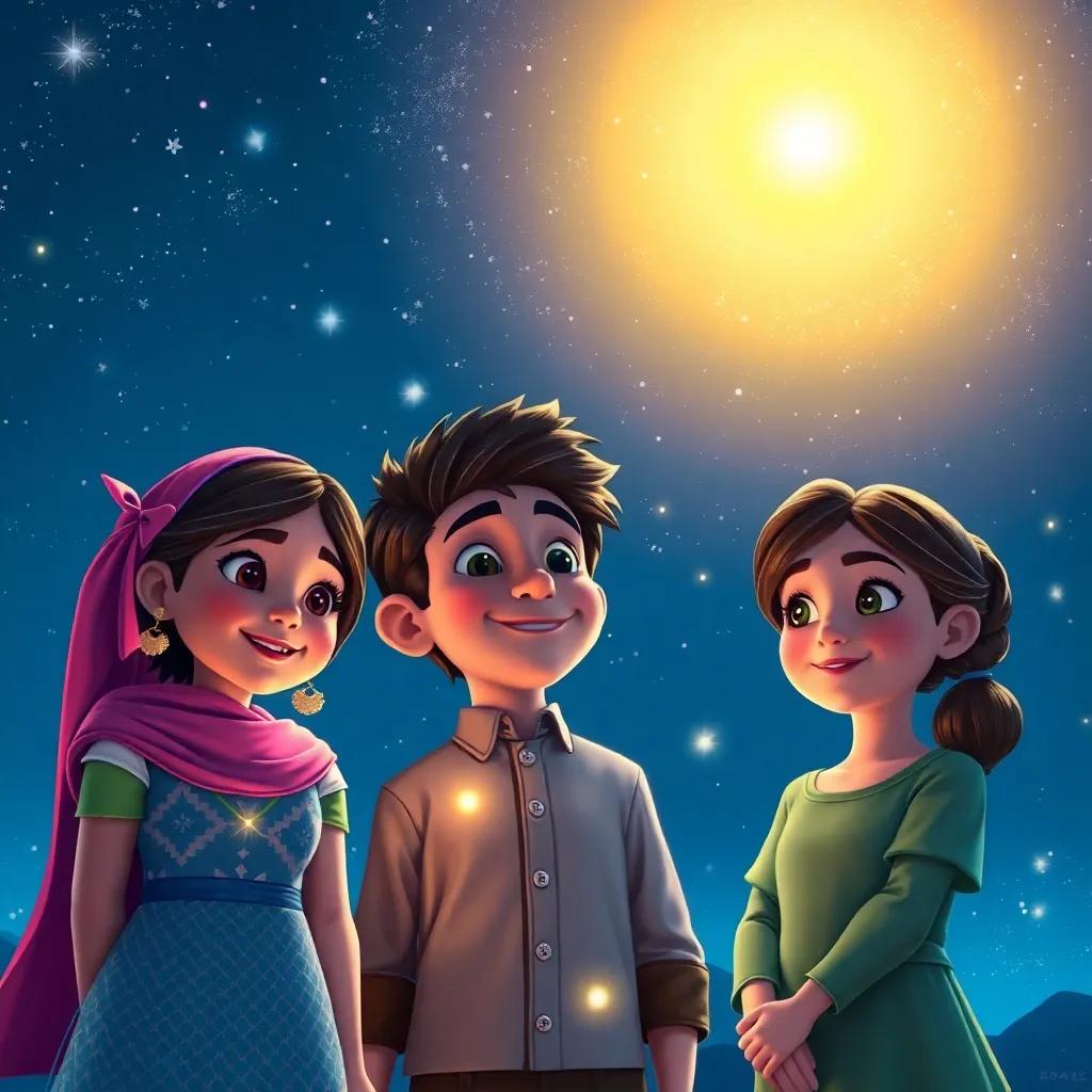 Joana, Miguel, and Lara under a starry sky again, preparing to make wishes with hopeful faces, surrounded by a magical glow and sparkles, digital painting, inviting, lively colors