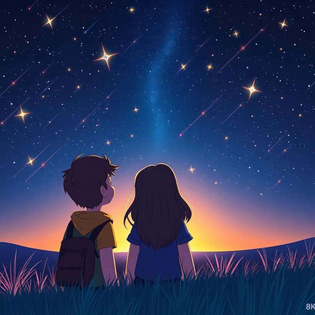 The three friends looking at the night sky filled with shooting stars, smiling as they remember their adventure, with the horizon glowing softly in the background, digital art, enchanting, magical atmosphere