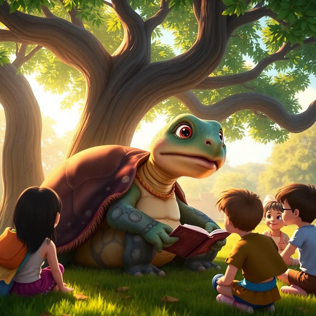 A wise old turtle named Tia Tartaruga, with a heavy shell and bright eyes, sitting under a large tree with children gathered around her, storytelling in a sunny park, digital art, cheerful atmosphere, vibrant colors, warm light, high detail