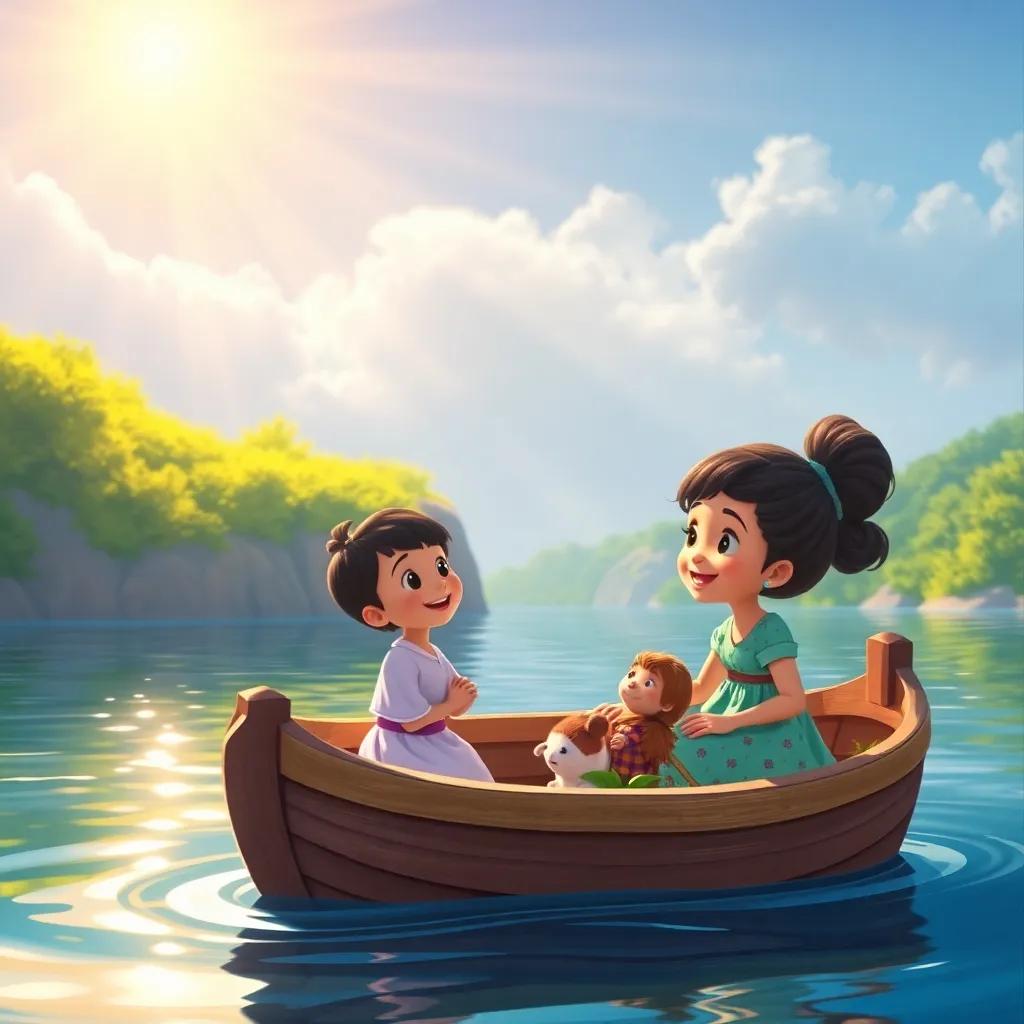 Tia Tartaruga telling her first story about a wide river, children imagining sailing in a boat with sunbeams shining on the water, colorful illustrations, joyful, adventure-themed, playful