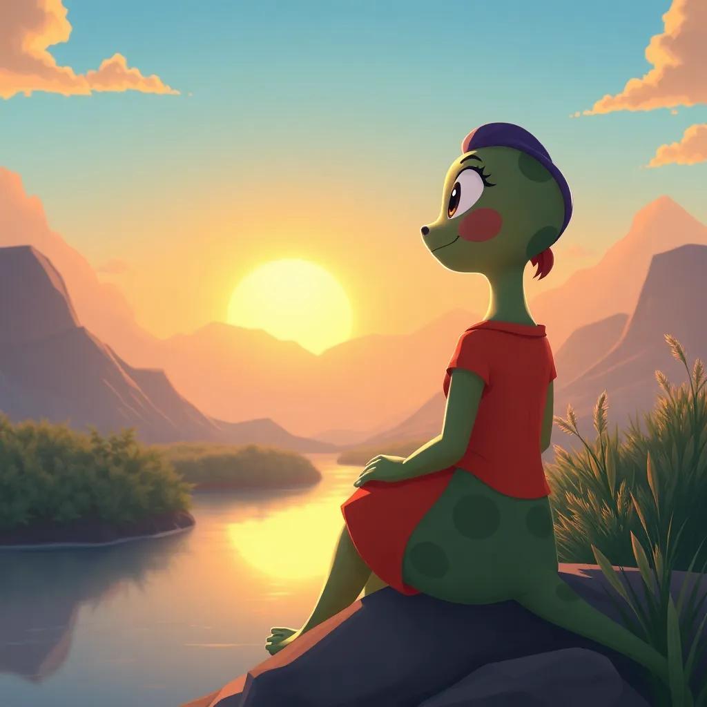 An illustration of Tia Tartaruga waiting patiently for the sun to rise, with a landscape view of a tranquil river at dawn, inspiring patience, bright warm colors, serene