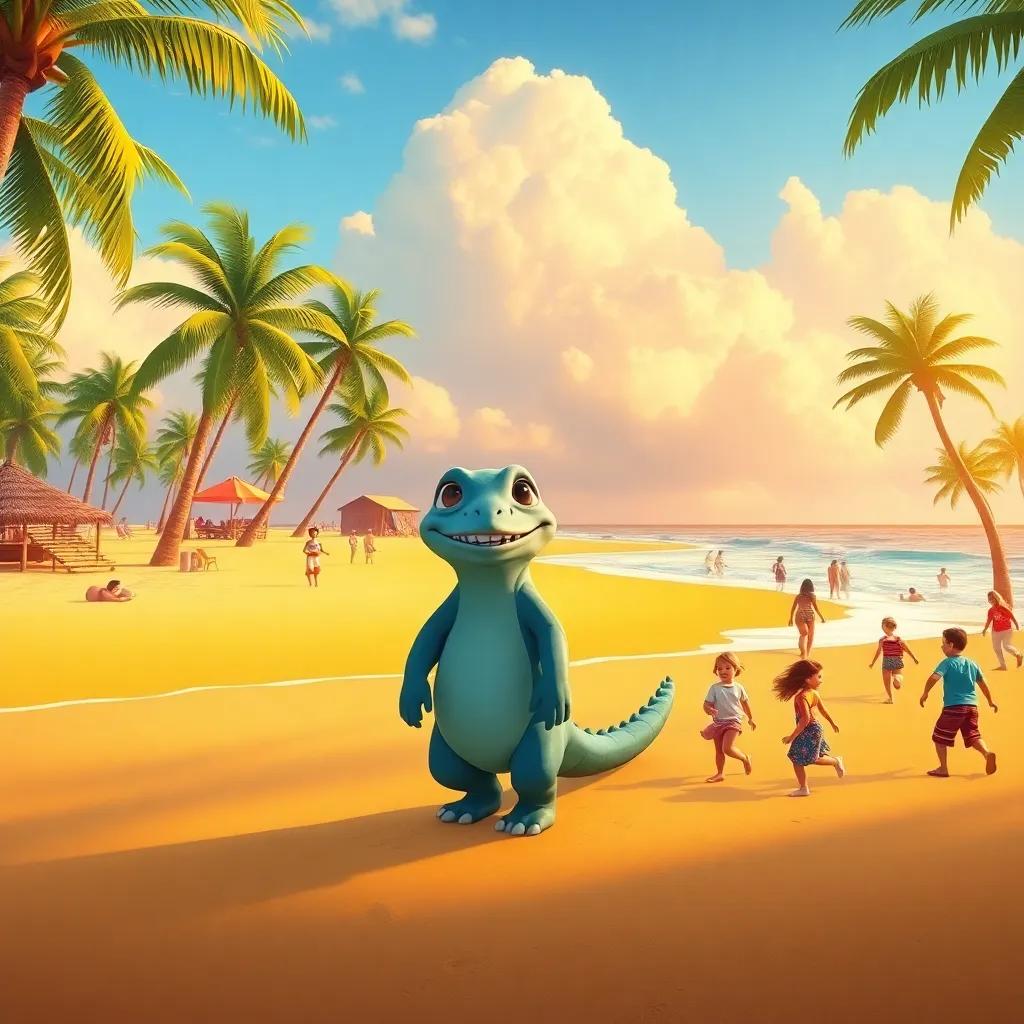 A beautiful golden beach with palm trees swaying, Tia Tartaruga standing at the shoreline, with children running and playing in the sand, festive atmosphere, colorful, cheerful