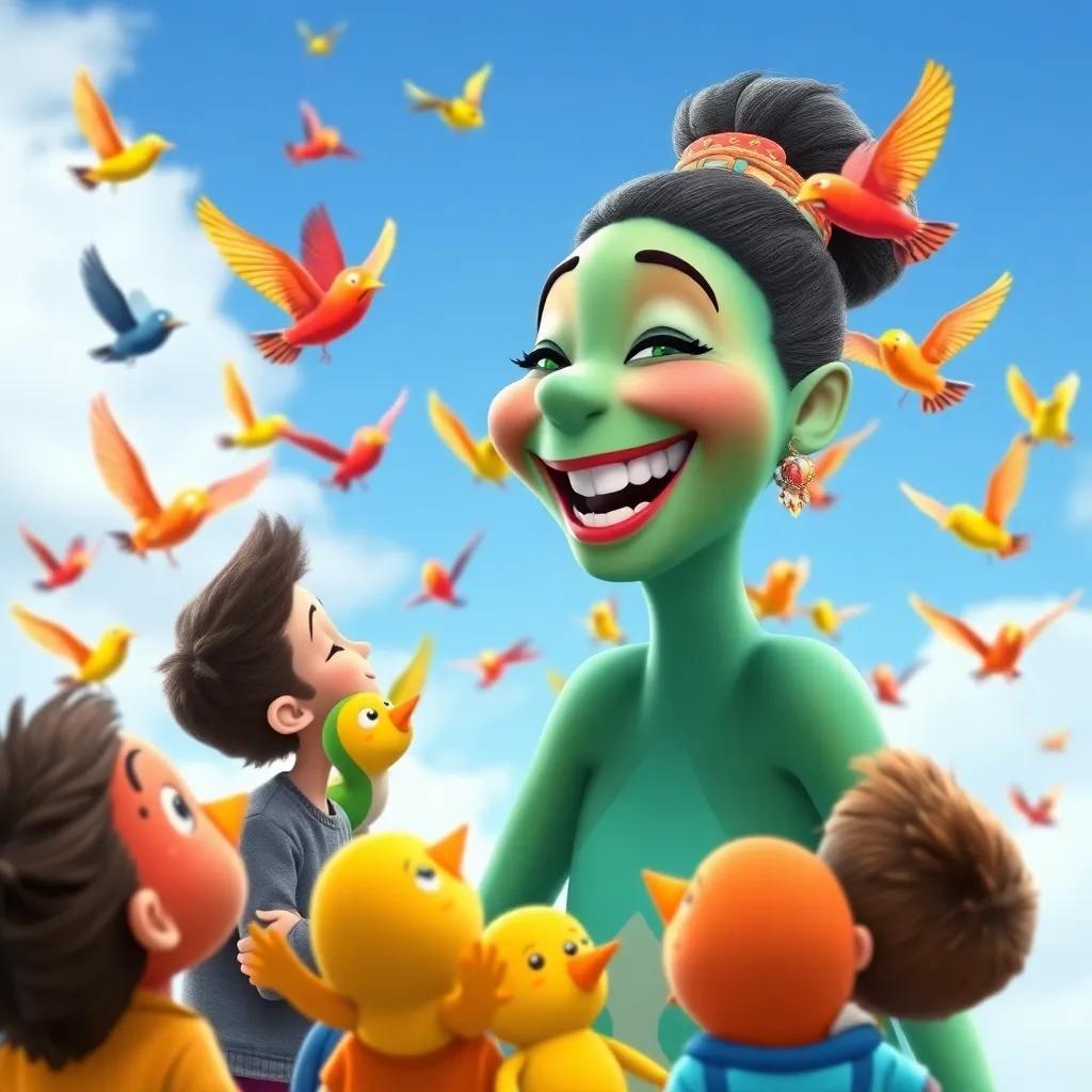 Tia Tartaruga laughing with children while describing a lively flock of birds, colorful birds flying around a blue sky, whimsical art, fun and energetic