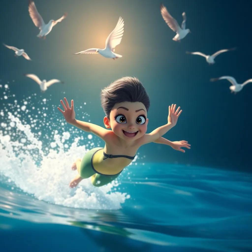 A scene showing Tia Tartaruga swimming with determination while birds fly away, water splashing around her, dynamic pose, bright sunlight, exciting