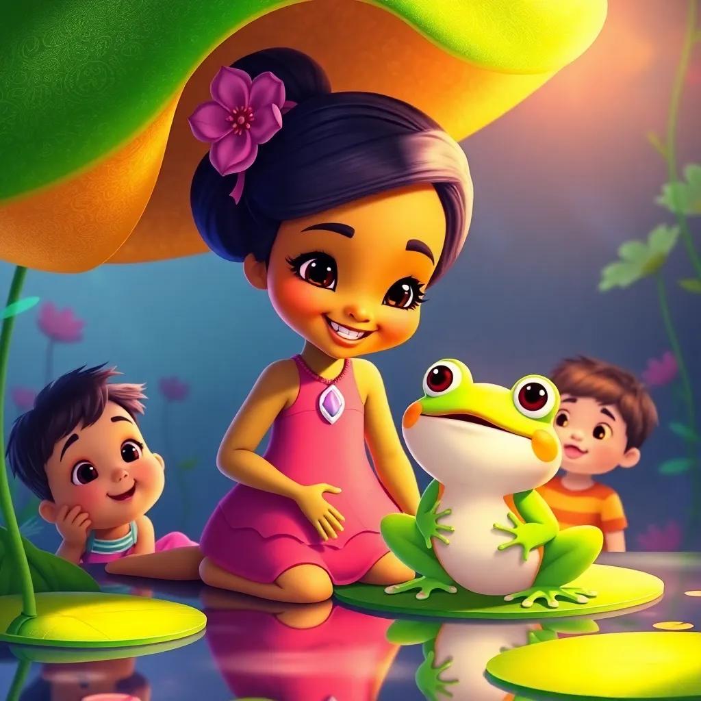 Tia Tartaruga with a joyful frog beside her, encouraging him under a bright green lily pad, children watching in excitement, cute and heartwarming, sweet colors, lively