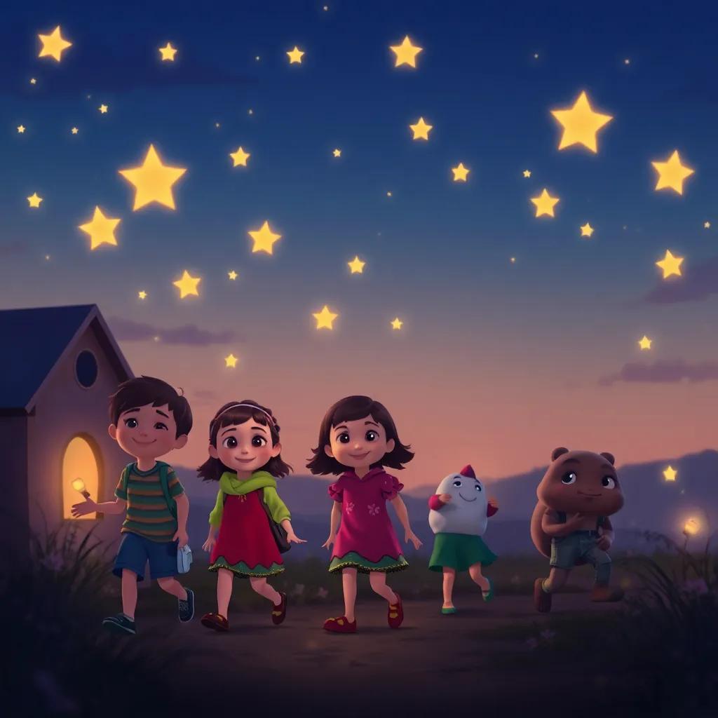 A twilight scene of Tia Tartaruga with glowing stars, children going home with happy expressions, magical atmosphere, soft colors, heartwarming