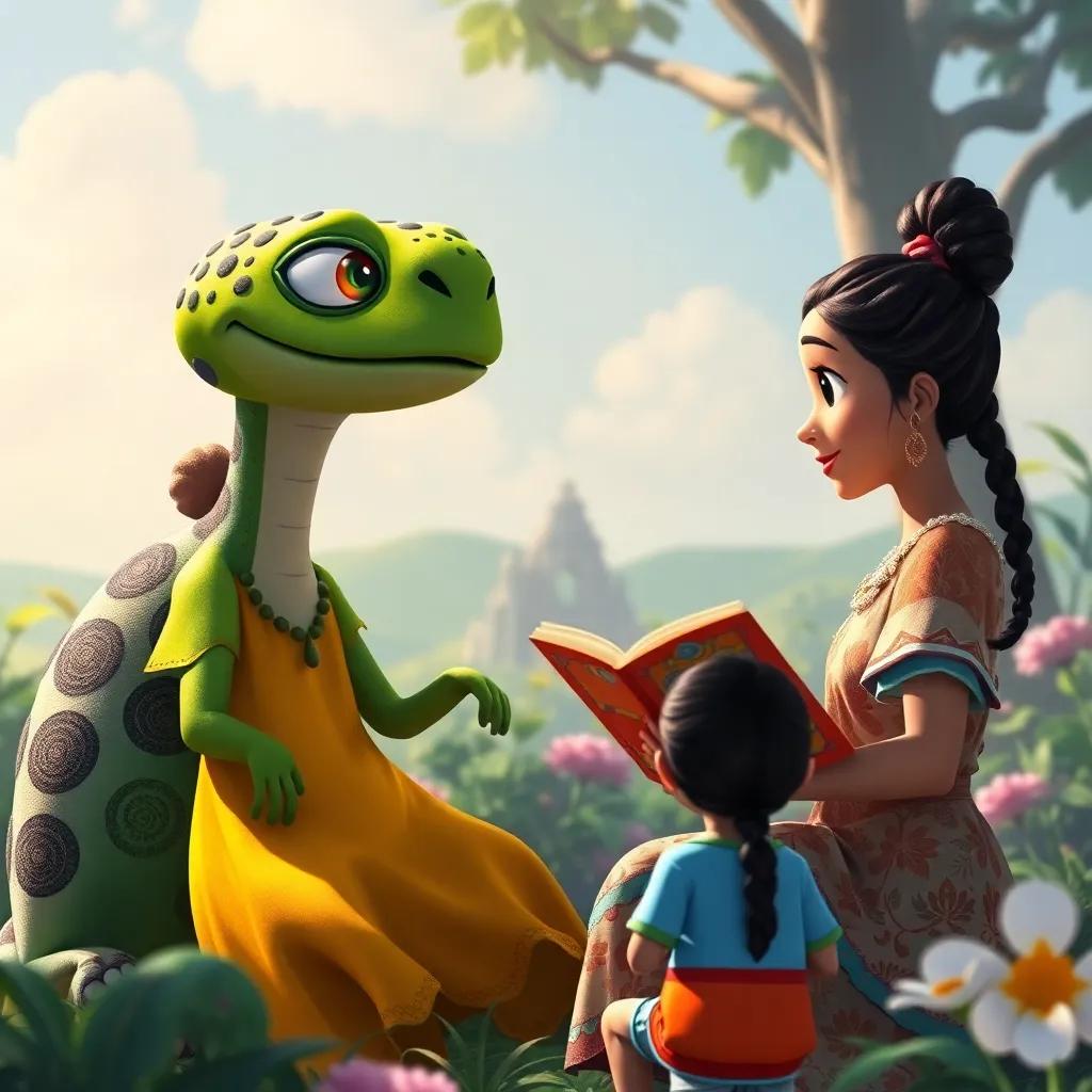 A vibrant scene with Tia Tartaruga passing stories to the next generation of children, showing a beautiful tapestry of adventures behind her, inspiring and nostalgic, colorful