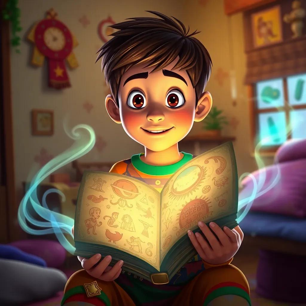 Pedro, a young Brazilian boy, with short brown hair and colorful clothes, opening a glowing ancient book filled with vibrant illustrations and magical symbols, his face filled with wonder in a cozy room, illustration, magical, child-friendly