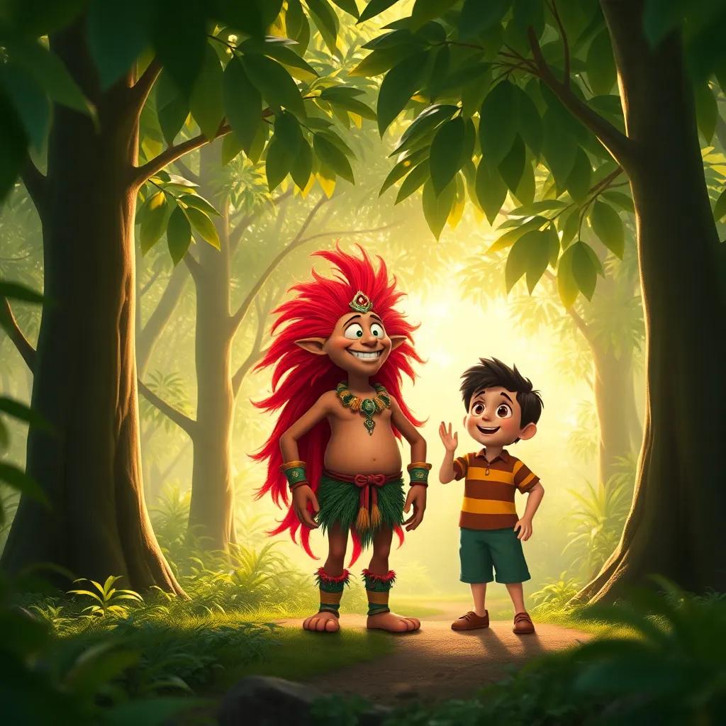 A enchanting forest scene featuring a curupira, a Brazilian folklore character with fiery red hair and turned feet, standing next to Pedro, who looks excited, surrounded by lush green trees, sunlight filtering through the leaves, fantastic, adventure-themed