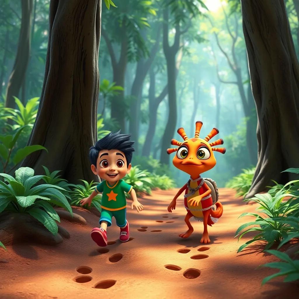 Pedro and the curupira following footprints in the forest, with trees around them and a curious expression on their faces, bright colors, detailed and engaging imagery, outdoor adventure