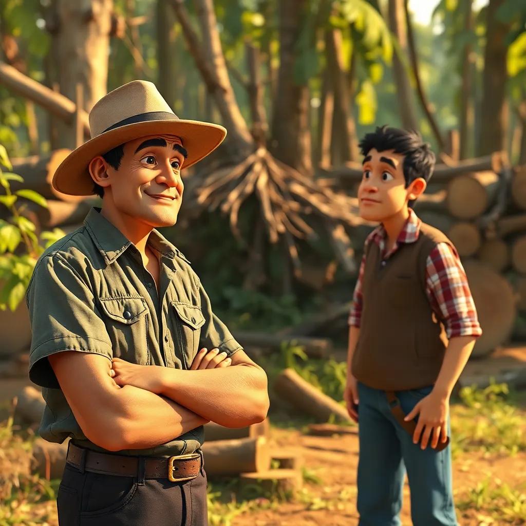 A thoughtful farmer, with practical clothing and a kind expression, talking to Pedro and the curupira, surrounded by cut trees and the promise of replanting, warm light, community spirit in harmony, high quality