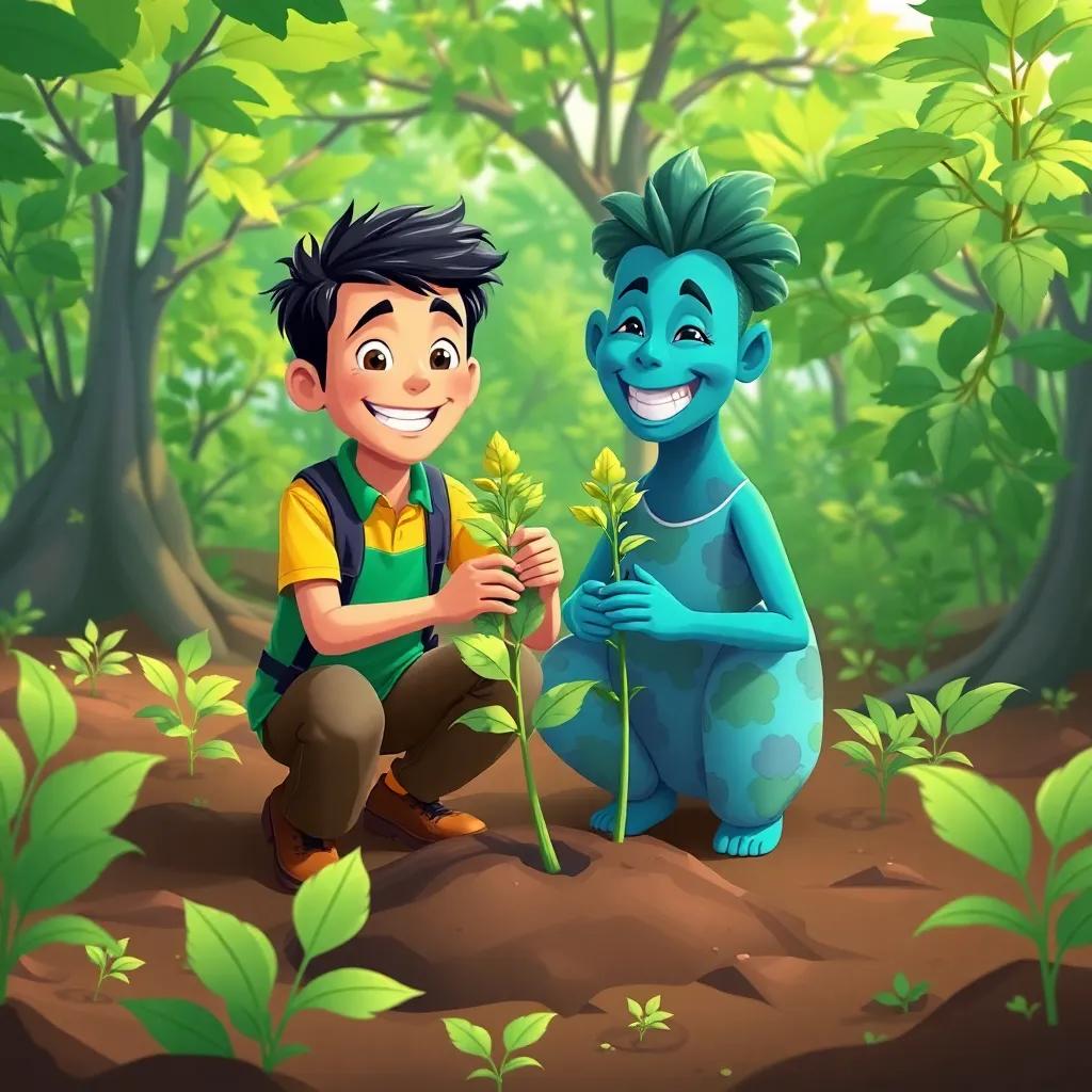 Pedro and the curupira planting new trees together, smiles on their faces, flourishing green surroundings, each holding a young sapling, uplifting vibe, illustration, colorful and hopeful