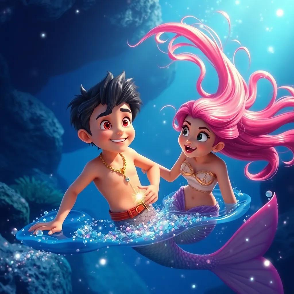 Pedro, now in a sparkling river, alongside Iara, a beautiful mermaid with long, flowing hair and shimmering scales, looking excited as they search for a magical necklace, bright underwater scene, vibrant colors, fantasy art