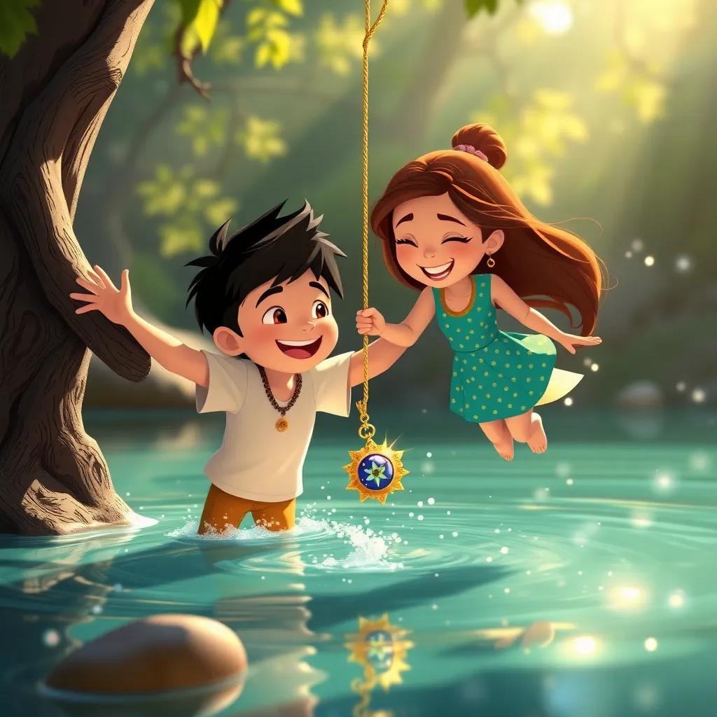 Pedro and Iara happily retrieving a magical necklace from a river branch, with sunlight sparkles dancing off the water, capturing a moment of triumph and joy, illustration, bright and cheerful