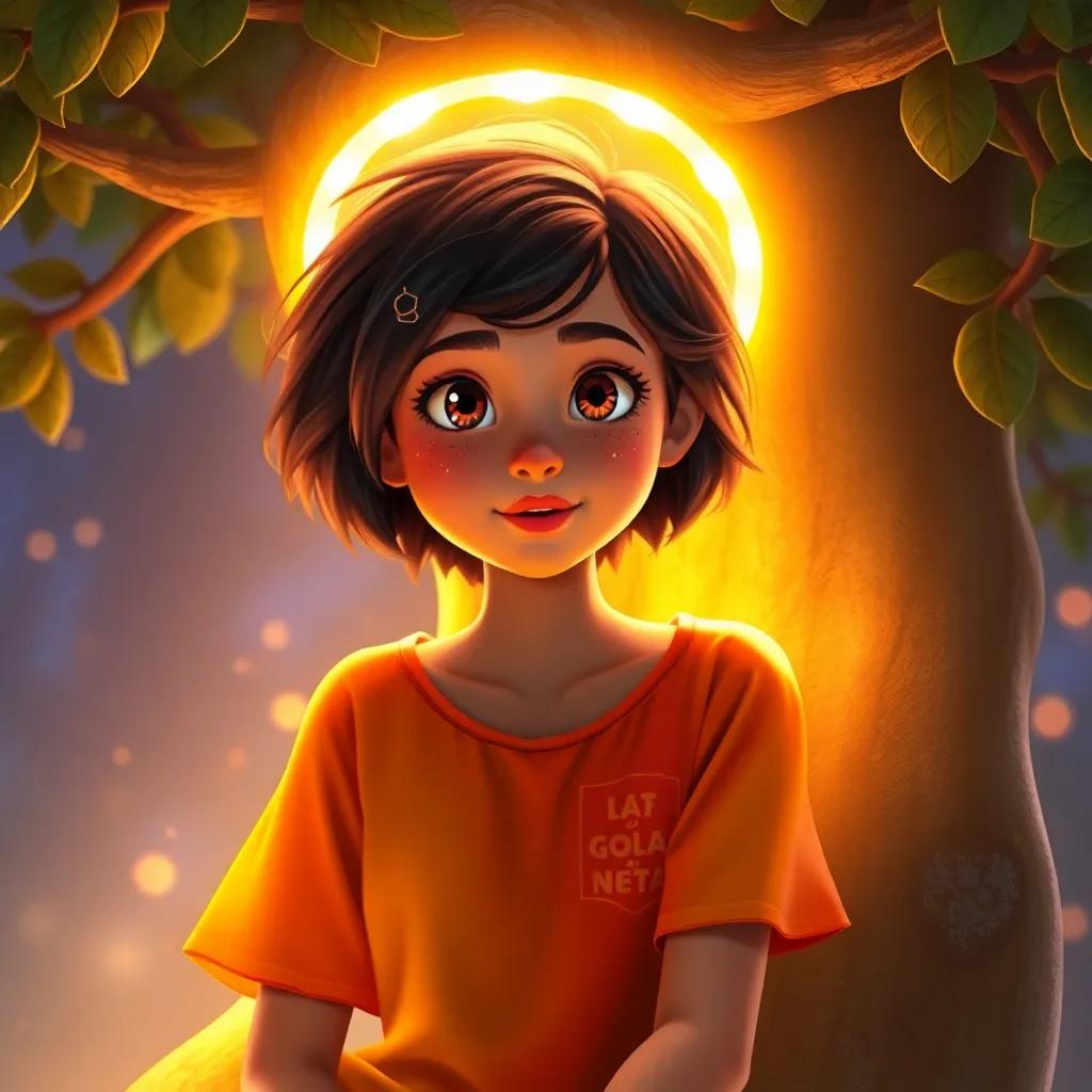 Ana, uma adolescente brasileira com cabelos cacheados, usando uma blusa colorida, sentada em uma árvore mágica iluminada, com um olhar curioso e sonhador, digital art, vibrante, encantador, próximo