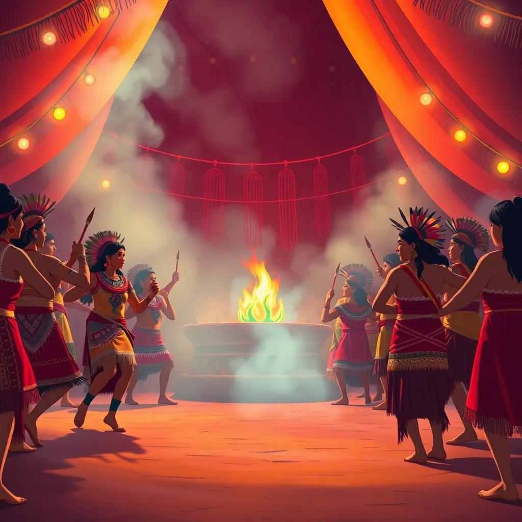 Uma festa indígena, com dançarinos vestindo penas e roupas tradicionais, ao redor de uma fogueira, atmosfera mágica, cores quentes e alegres, celebração da cultura, ilustração, vibrante