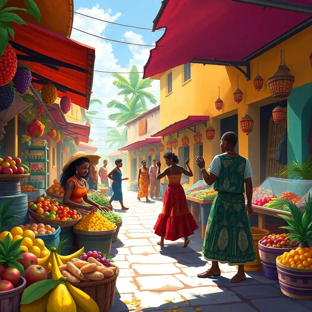 Uma cena de mercado colonial, com mulheres africanas vendendo frutas e homens jogando capoeira, colorido, cheio de vida e som, digital painting, ricas texturas, celebrando culturas